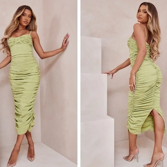PrettyLittleThing | Dresses | New Never Worn Green Textured Underbust  Detail Ruched Strappy Maxi Dress | Poshmark